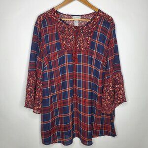Catherines Womens Red Plaid Floral Semi Sheer Blouse Size 1X 3/4 Sleeve Boho